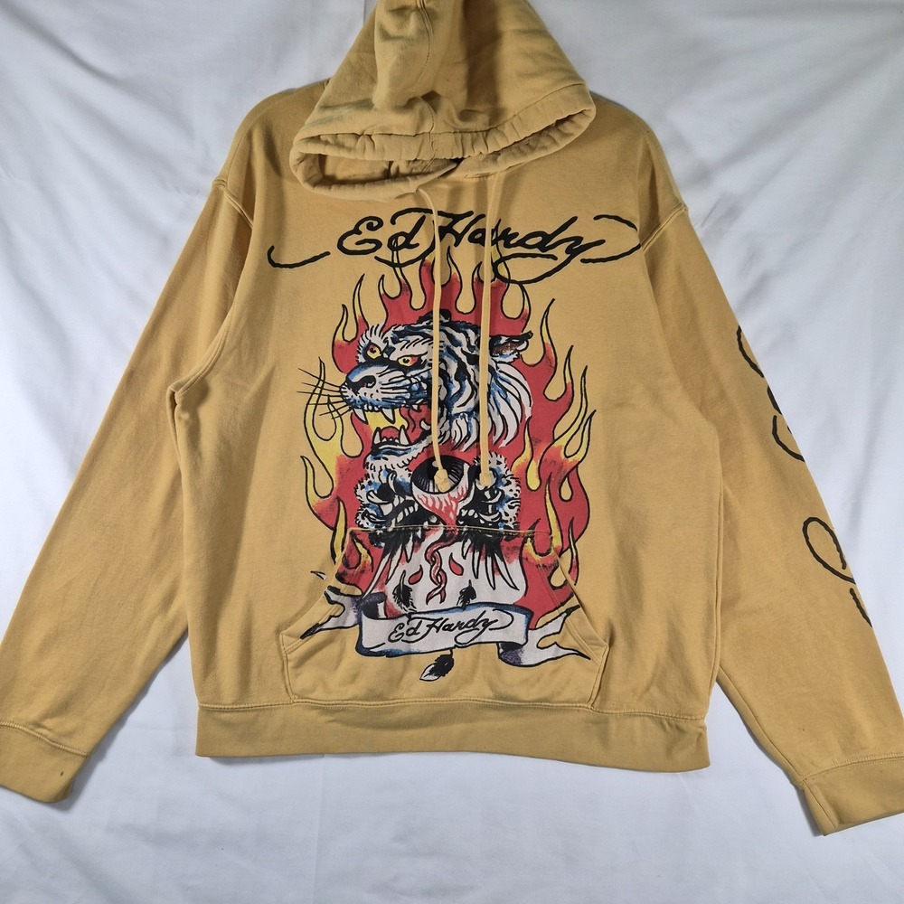 Ed Hardy Hoodie Mens Large Beige Tiger Flame Graphic Pullover Y2K‎ Streetwear